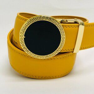 Mustard Yellow Belt Women Men Gold Automatic Buckle Slide Belt Leather Jeans New